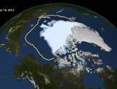 The frozen cap of the Arctic Ocean broke a new record low when it reached its annual summertime minimum extent. | Image credit: NASA