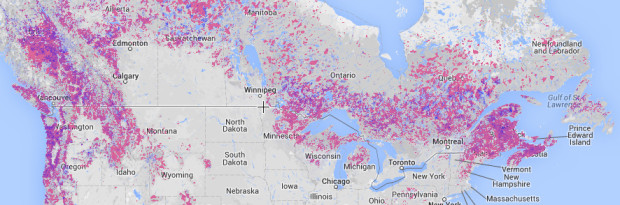 The location of timber industries in the NE and NW U.S. and Canada are easily seen on the map.