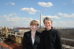Rebecca Brown, left, poses with DOI Secretary Sally Jewell with the Washington Monument in the background. Photo by Tami A. Heilemann/DOI