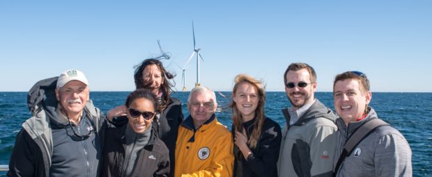 NWF staff and board members celebrate the Block Island Wind Farm with RI Senator Jack Reed. Photo by NWF