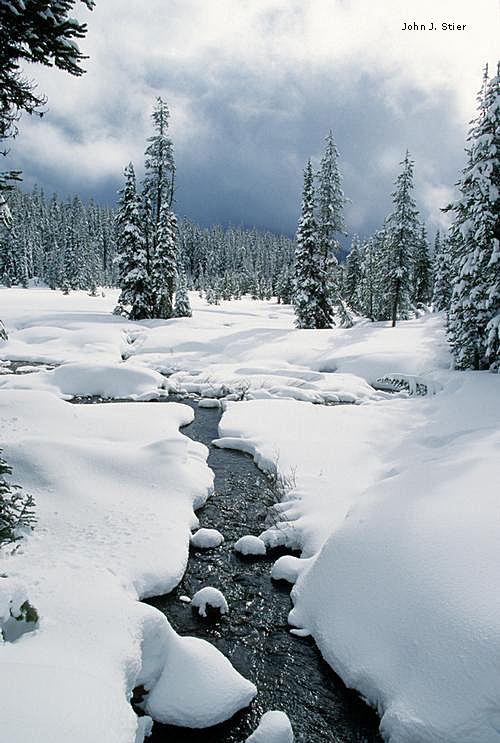 A brook cuts through a winter landscape by John J. Stier