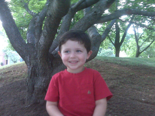 Young boy smiling in front of a tree.