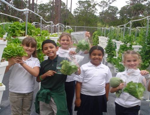 Students of Pine Jog Elementary, a U.S. Green Ribbon and NWF Eco-School, hold up lettuce from their hydroponic garden.