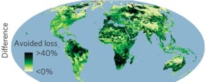 Global analysis of where the diversity of vertebrate animals would most benefit from aggressive reductions in greenhouse gas emissions. Figure from Warren et al., Nature Climate Change 2013.