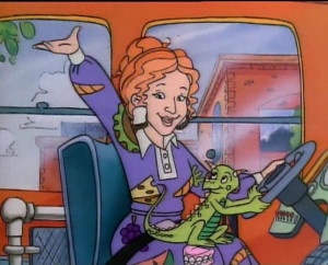 Ms. Frizzle welcomes students onto The Magic School Bus for a field trip.