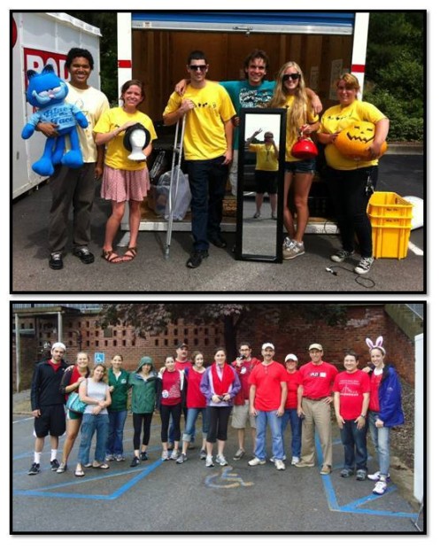 Many move-out programs rely on volunteers. Top: CCU volunteers with a few random finds from Campus Salvage (image courtesy Sustainability Initiative of CCU). Bottom: Skidmore College volunteers help with 7th annual Give+Go (image courtesy of Riley Neugebauer, Sustainable Skidmore 
