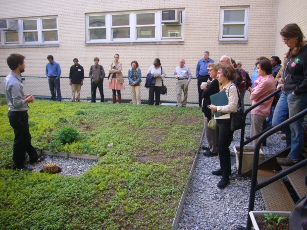 Science teacher Nathaniel Wight leads a tour of Bronx Design & Construction Academy’s greenroof. Photo NWF