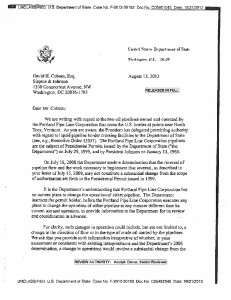 Letter from the U.S. Department of State to the Portland Montreal Pipeline Corporation.