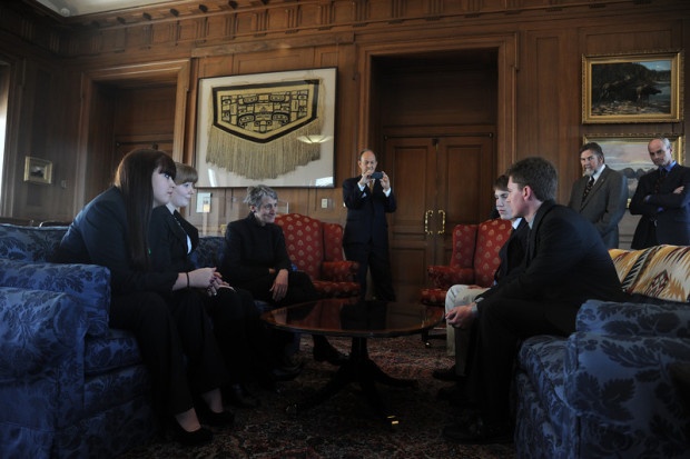 Winners of the SFRED essay contest meet with Interior Secretary Sally Jewell. Seated  from left are Haley Powell, Rebecca Brown, Jewell, Matthew Reilly and Jarred Kay. Photo by Tami A. Heilemann/DOI
