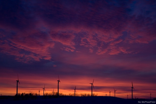 Sunset behind the Buffalo Ridge wind farm taken near Lake Benton, Minnesota. Flickr photo by Nic McPhee.