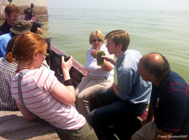 NWF President Collin O'Mara discusses the harmful algal bloom with reporters near Toledo's water intake cistern in Lake Erie. NWF photo by Frank Szollosi. 
