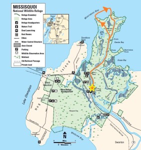 Map showing the Missisquoi National Wildlife Refuge, and the kayak route taken in this blog post. Map Credit: USFWS