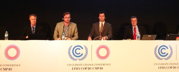 Panelists and moderator from the NWF, USC, IUCN, EDF and BJHRF official COP side event. Pictured from left to right: Stephan Schwartzman, EDF; Patrick Wylie, IUCN (moderator); Ryan Sarsfield, NWF; and Doug Boucher, USC [not pictured here: Bianca Jagger, BJHRF]. Photo Credit: Simon Hall/ NWF