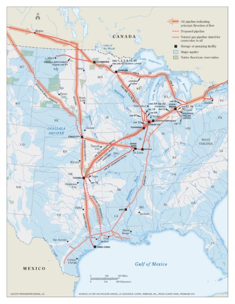 Pipeline giant Enbridge's web of pipelines in the Great Lakes region and beyond. Enbridge is seeking to expand this system to allow for more climate disrupting tar sands and oil production. 