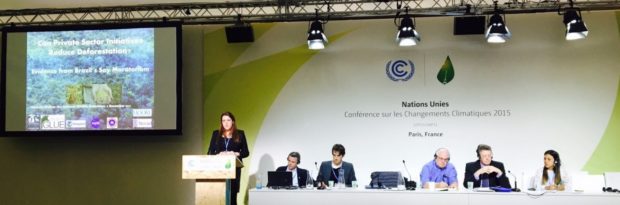 NWF’s Dr. Nathalie Walker discusses Brazil’s Soy Moratorium at our official COP21 side event. Photo by Simon Hall. 