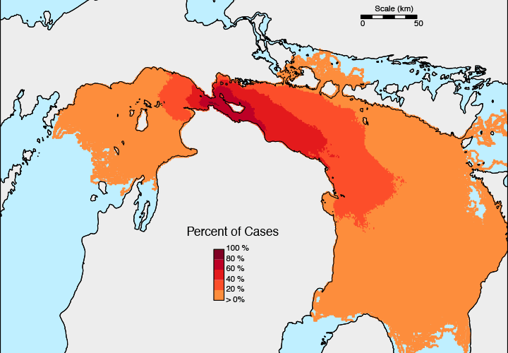 University of Michigan model shows potential reach of oil spill in the Straits of Mackinac under different scenarios. The map shows the probability (percent of cases) in which oil is present at any time after initial release. The potential impact zone covers an area larger than the surface area of Lake Erie. Graphic / University of Michigan