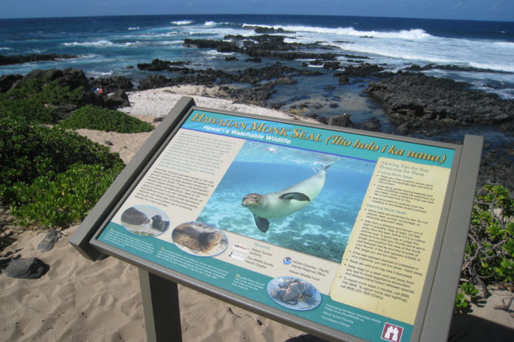 Hawai‘i Watchable Wildlife viewing sign, Ka‘ena Point Natural Area Reserve. Photo by Emma Yuen