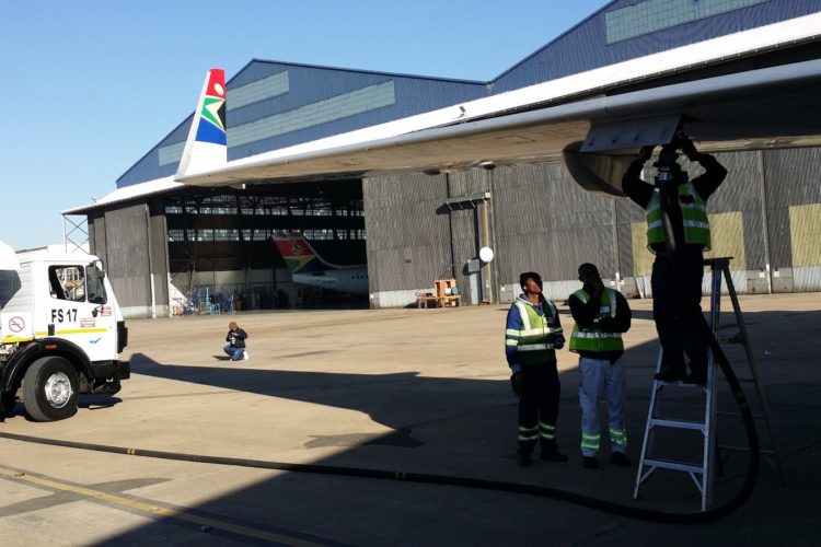 SAA crew fueling the aircraft with biojet fuel produced from the RSB certified feedstock called Solaris. Photo by Barbara Bramble