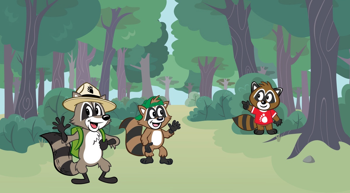Ranger Rick, Ricky, and Cubbie in the woods