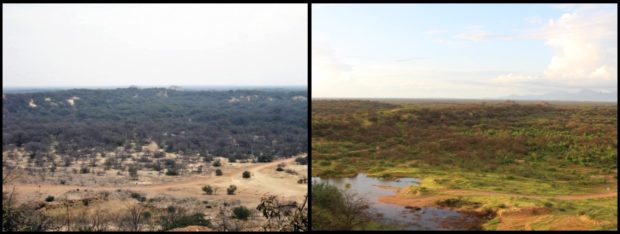 View from the lookout at the Pomac Forest Historic Sanctuary shows the impacts of recent extreme rainfall in Peru. The photo on the left shows the typical view (2013) and on the right with heavy rain (2017). Photo credit: Kiryssa Kasprzyk