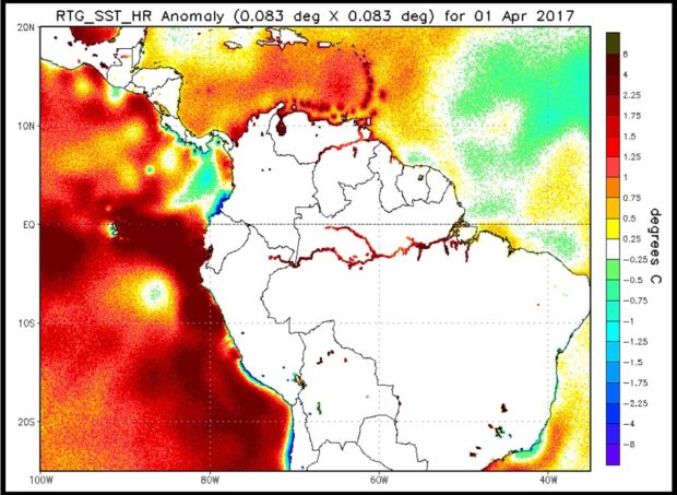 Daily measuremetns show temperatures 4 °C above average in the Pacific Ocean of the coast of Peru. Source: NOAA/NWS/NCEP/ EMC Marine Modeling & Analysis Branch