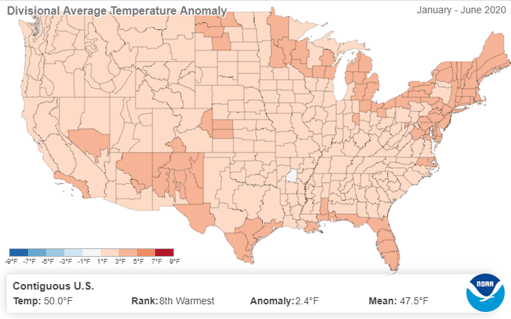 This map shows how temperatures in the U.S. during the first half of 2020 have compared to annual mean average temperatures from the first half of the year from 1901-2000. Almost all divisions have experienced higher-than-average temperatures this year. Credit: National Oceanic and Atmospheric Administration