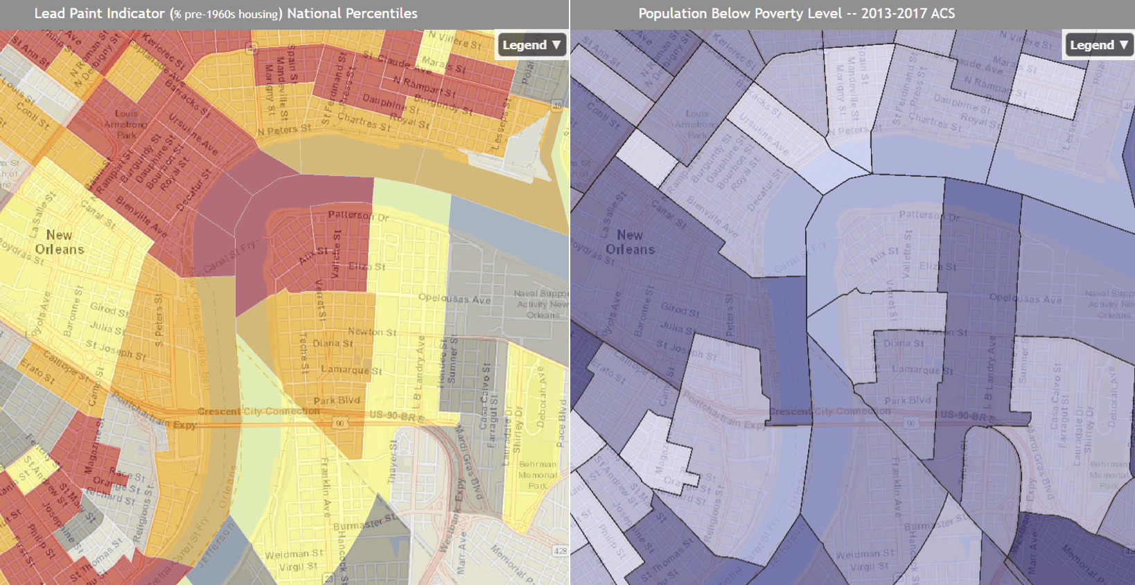 These maps show the percent of homes with lead paint (left) and the percent of the population below the poverty level (right) in New Orleans neighborhoods. The darker shades indicate more households with lead paint and more households living in poverty, respectively.