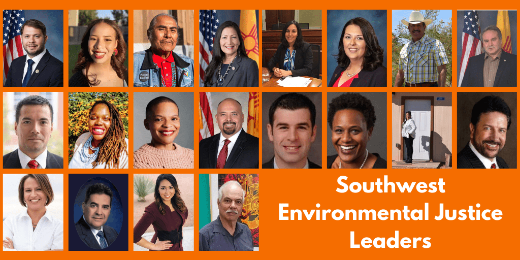 Graphic with environmental leaders of color's headshots on an orange background