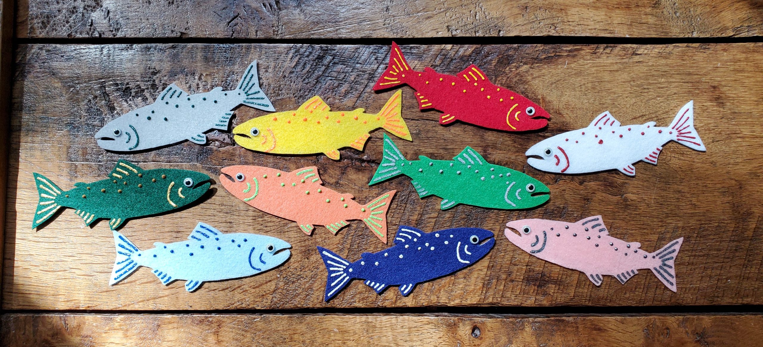 A colorful school of construction paper fish 
