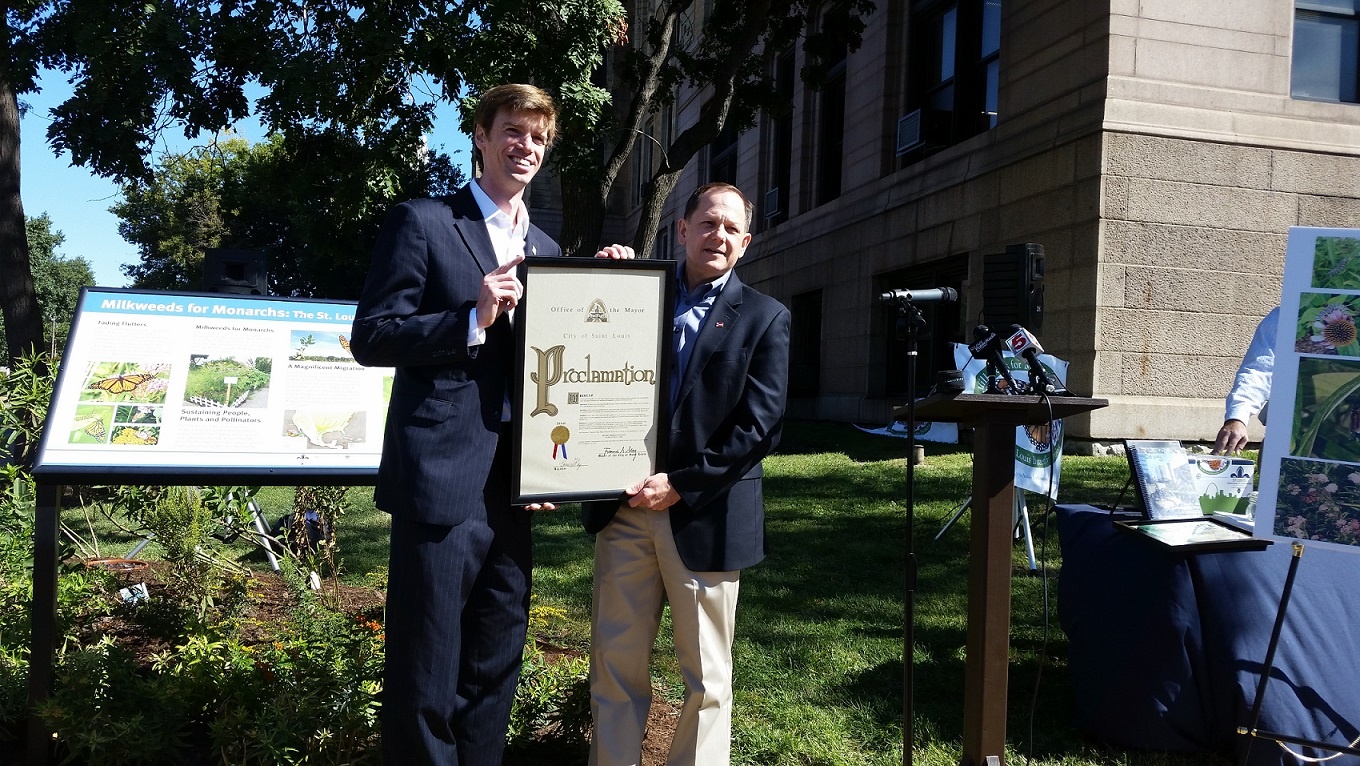 National Wildlife Federation President and CEO Collin O'mara with Mayor Francis Slay of St Louis announcing the launch of the Mayors' Monarch Pledge in 2015.