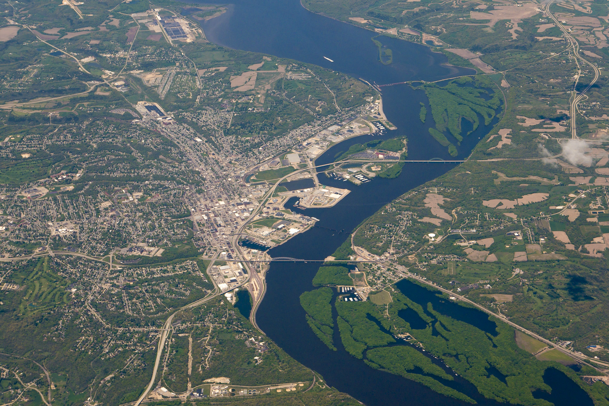 Aerial photo (from left to right) of Iowa the Mississippi River and Illinois. 