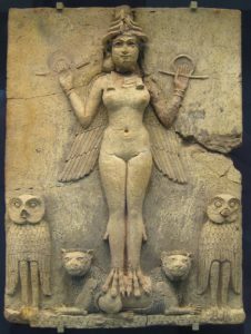 Sumerian tablet from ~1800 BCE depicting Ereshkigal, goddess of the underworld, standing near two owl familiars 