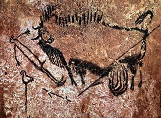 A ~15,500-year-old cave painting from the Lascaux Caves in France, thought to depict a raven perched on a post as it overlooks a fatal battle between man and bison. 