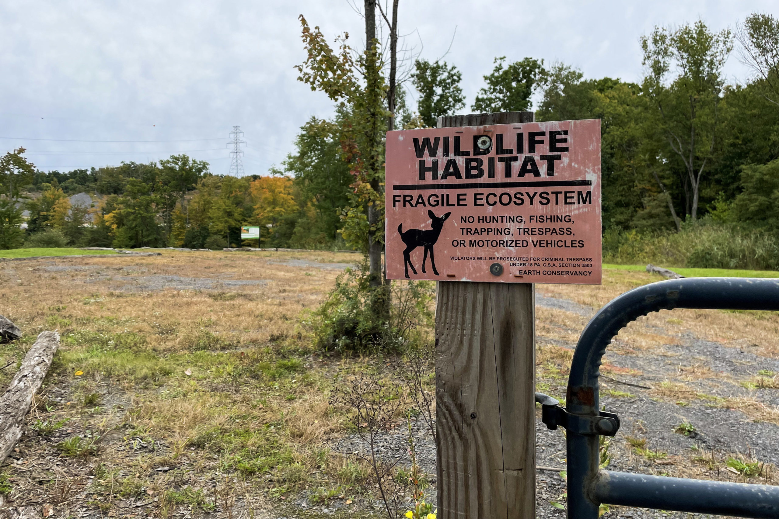 In a rundown field, a sign stands that reads "Wildlife Habitat - Fragile Ecosystem
