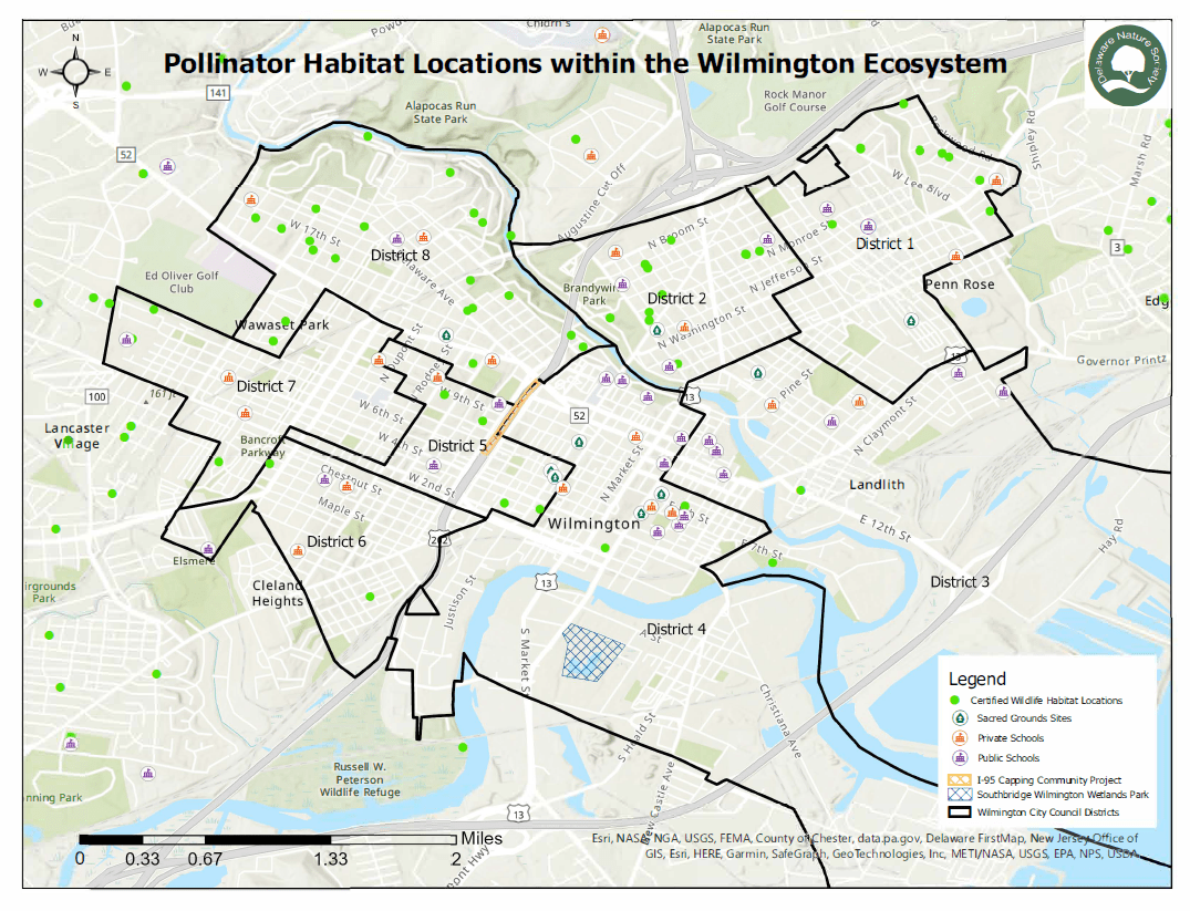 This map shows different pollinator habitat locations in Wilmington, Delaware. 
