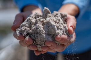 A pair of hands holds a mound of sand.