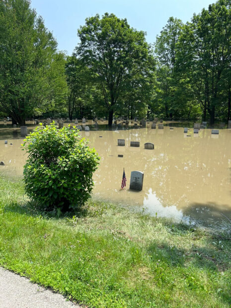 A cemetery is underwater.