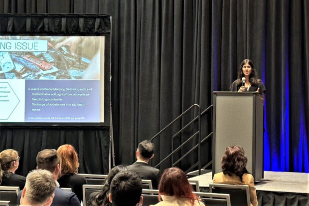 Anandika Carthikeyan, high school student and co-founder of Keep the Bay Beautiful co-founder delivers a presentation at the Climate Equity Pavilion about e-waste at SEMICON West 2023.