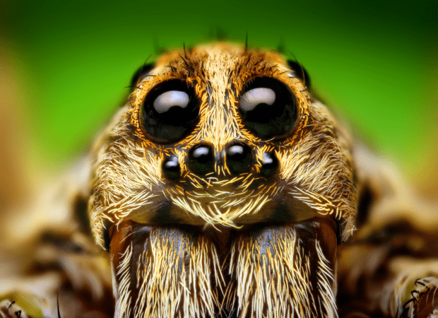 An extreme close up of a spider, focusing on its six shiny eyes.