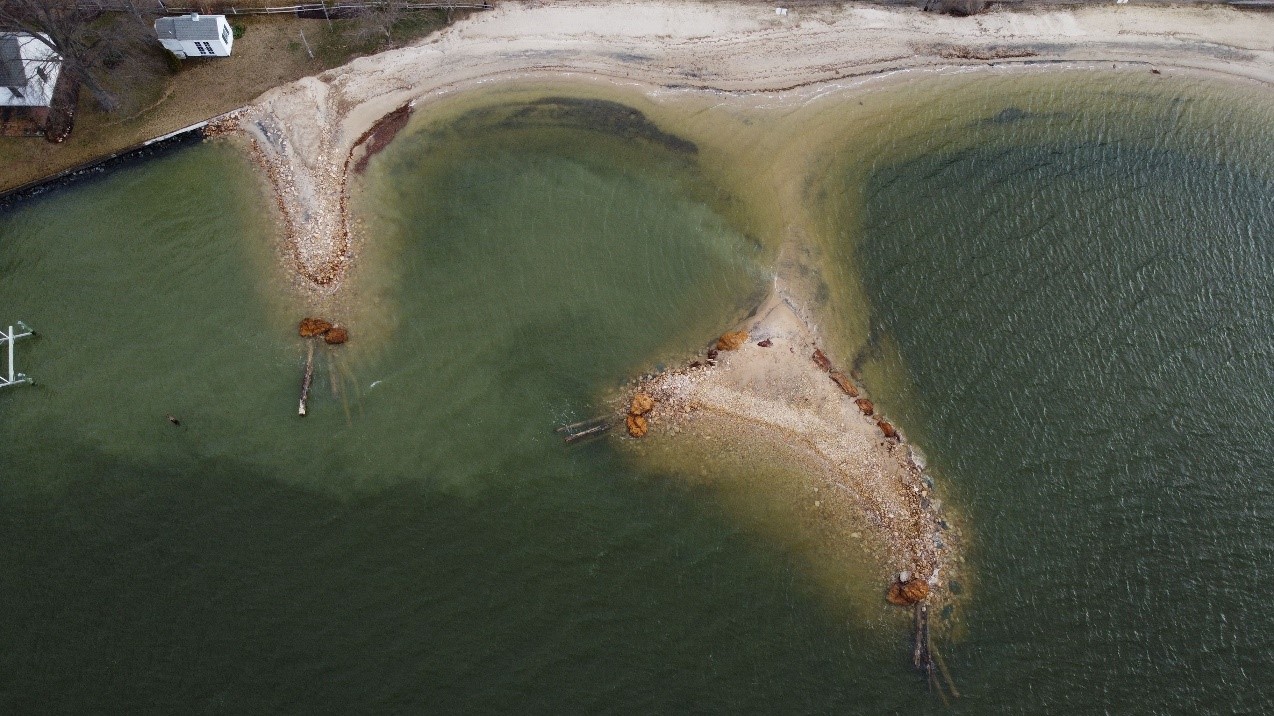 An aerial view of living breakwaters in Oxford, Maryland.