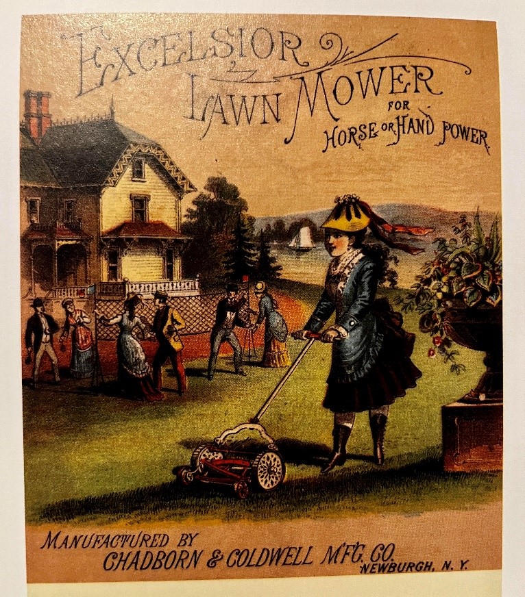 Vintage ad or art piece depicting an early model of lawn mower.