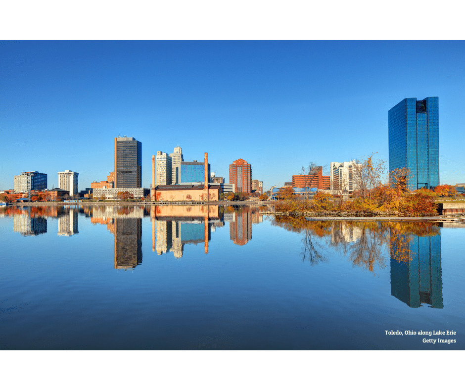 Panoramic view of a city skyline.