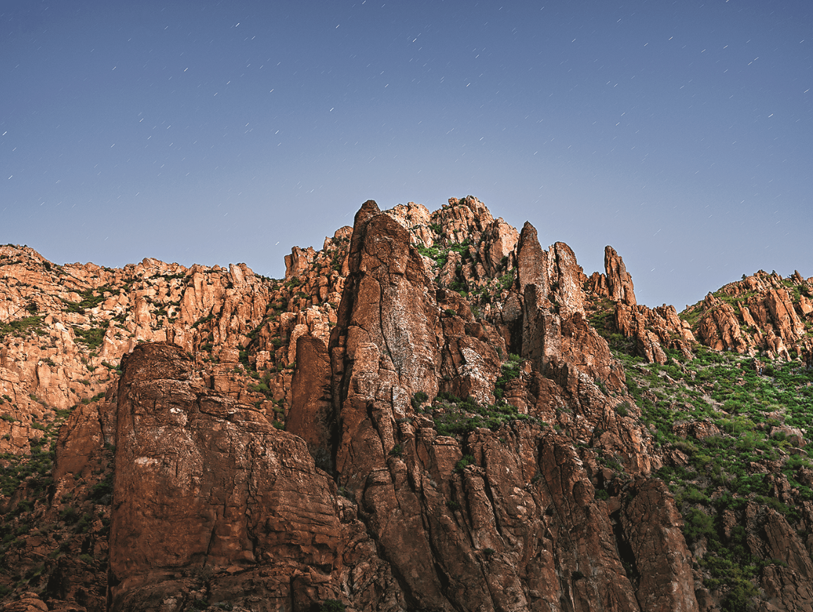 Wide view of jagged mountains.