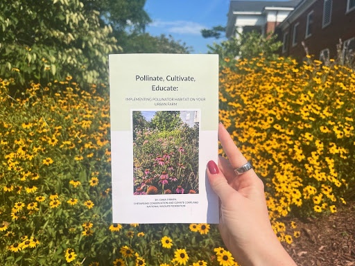 A person holds up a pamphlet in front of a flower garden. The pamphlet reads, "Pollinate, Cultivate, Educate" and features a picture of a flower garden.