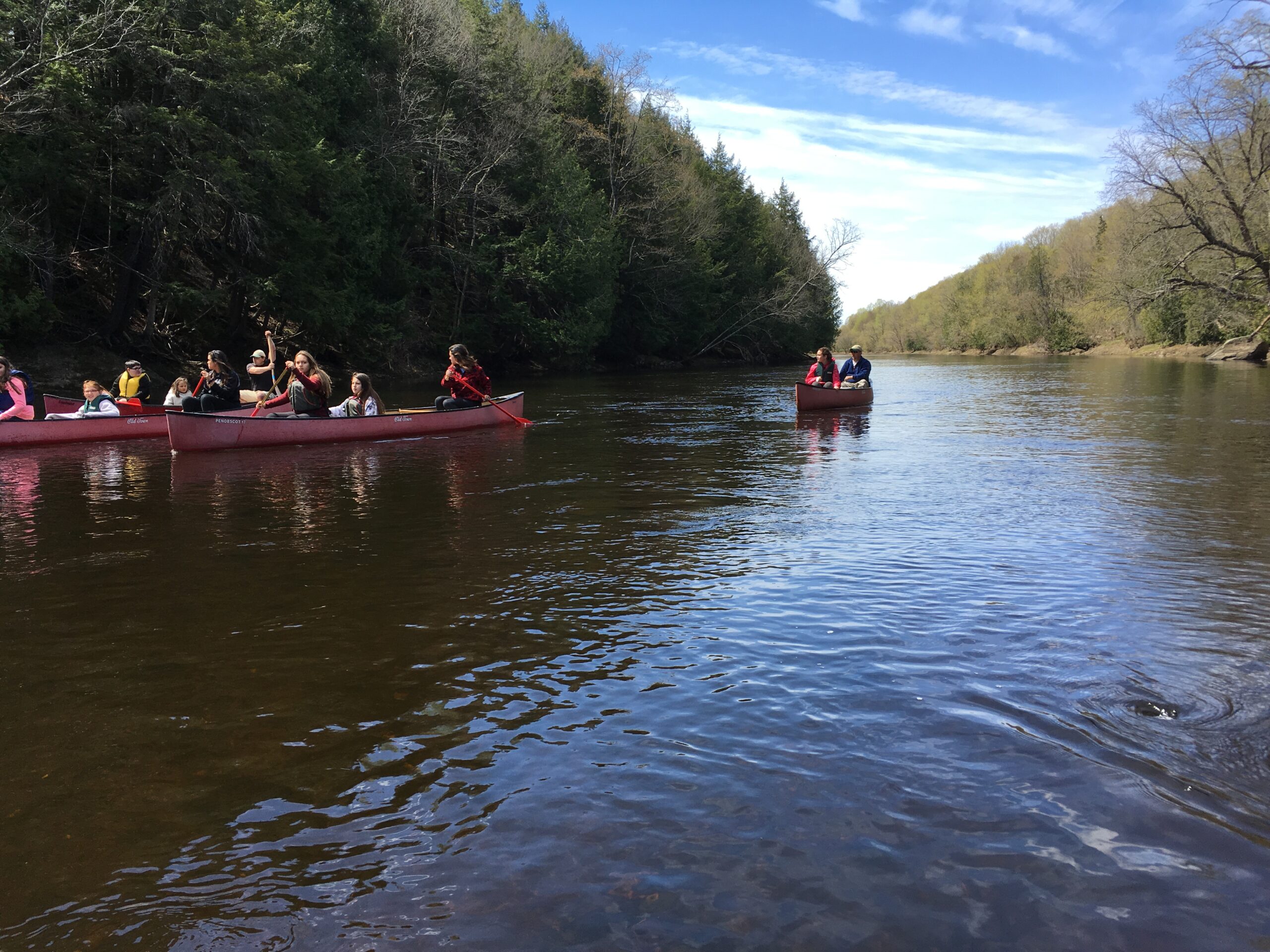 A group of canoes on a river.