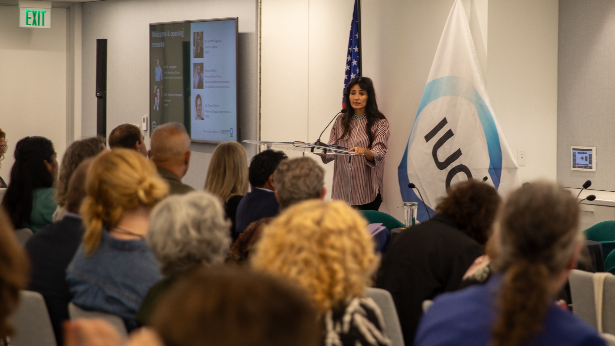 A person standing at a podium addresses a room of people.