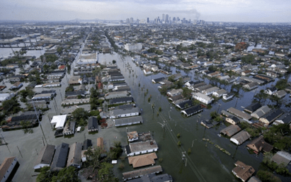 Aerial photo of floodwaters in a residential area.