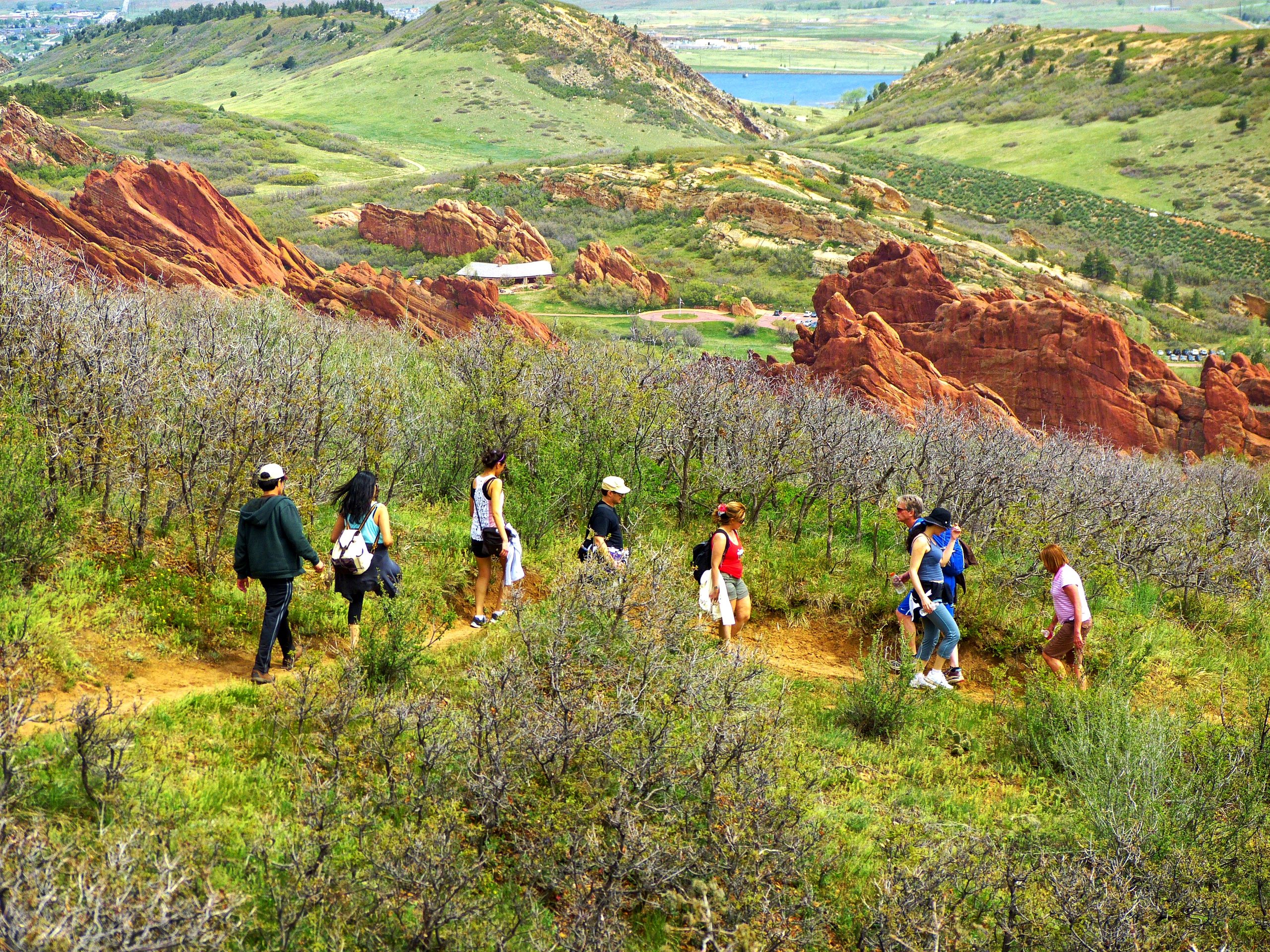 Diverse hikers on trail at Roxborough State Park
